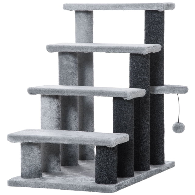 4-Step Cat Stairs for Bed and Couch, Light Grey Pet Steps with Scratching Posts and Hanging Toy Ball, Soft Flannel Indoor Cat Tree for Small Cats up to 10 lbs, 23.6" x 15.7" x 25.2"