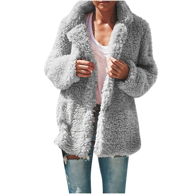 IROINID Women's Mid-Length Shearing Jacket Notch Lapel Solid Color Long Sleeve Plus Size Winter Warm Loose Plush Jacket Coat, Gray