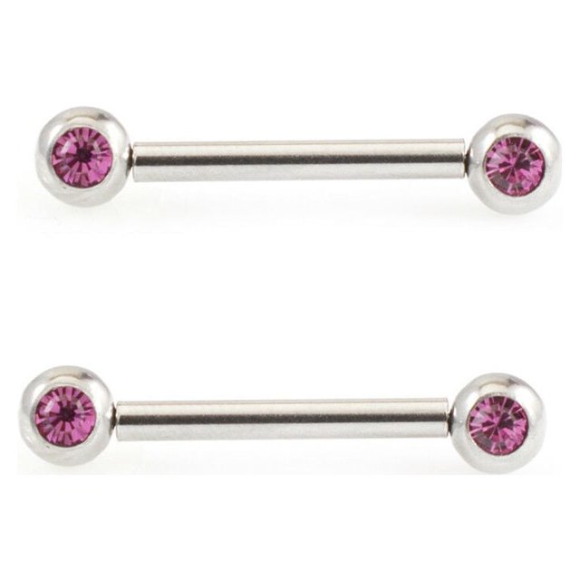 Pair of Push In Nipple Barbell with Cubic Zirconia 14g