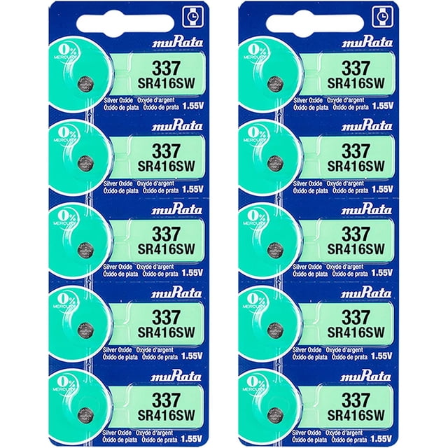Murata 337 SR416SW Battery 1.55V Silver Oxide Watch Button Cell pack containing 10 batteries. The packaging features a blue and green design with clear labeling of the battery type and specifications, including 0% mercury and 1.55V. Suitable for devices like keyfobs, blood sugar monitors, remote controls, digital thermometers, and toys. Often referred to as coin cell batteries.