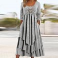 thumbnail image 2 of Robes Grises pour Femmes Couleur Unie à Manches Longues Robe en Dentelle Patchwork Grande Taille Col Rond Ajustée et Évasée Tendance Vacances Robe Décontractée Maxi Mode Quotidien Blouse Trapèze Dos Nu Robe Plissée,S, 2 of 5