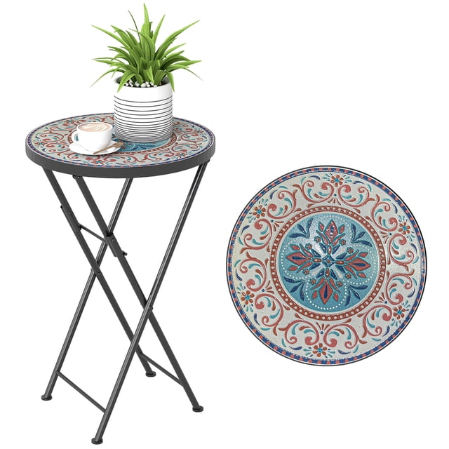 Outsunny Table d'Appoint de Patio en Mosaïque, Table de Balcon Pliante de 14 Pouces avec Plateau en Mosaïque vibrant en Couleurs Assorties d'Orange, de Bleu, de Blanc et de Noir. Comprend un Cadre en Acier Enduit de Poudre avec Patins de Protection pour la Stabilité et un Repose-Pieds pour un Confort Accru. Convient comme Table d'Appoint, Table Basse Ou Support pour Plantes. Compacte et Pliable pour un Rangement Facile. Dimensions : 14 Pouces de Diamètre et 21,7 Pouces de Hauteur.
