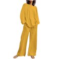 thumbnail image 2 of EGNMCR Women 2 Piece Linen Outfits Solid Color Long Sleeve Suit Drawstring Wide Leg Pants with Pockets Womens Lounge Sets, 2 of 7