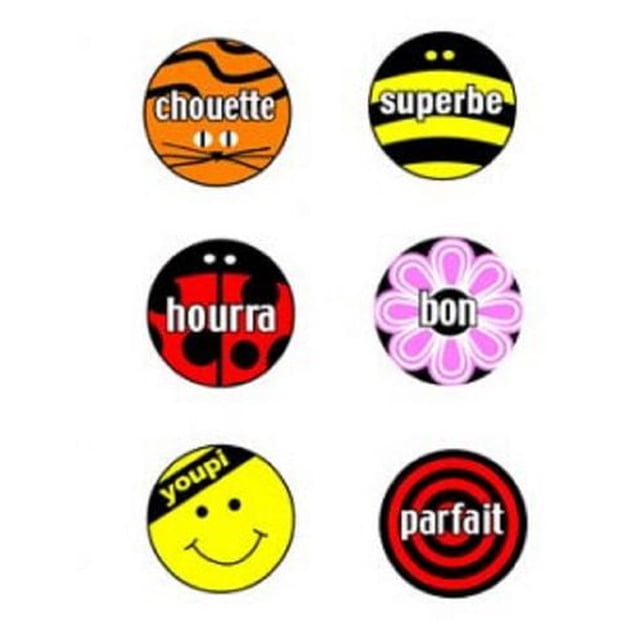Poster Pals French Stickers include 240 mini 1/2-inch round stickers with six designs: orange cat face with 'chouette', black and yellow bee with 'superbe', red and black ladybug with 'hourra', pink flower with 'bon', yellow smiley face with 'youpi', and red and black target with 'parfait', suitable for scrapbooking and paper crafts.