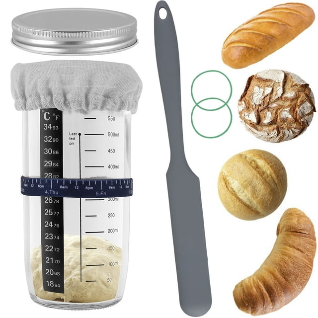 AMERTEER Sourdough Starter Jar Kit Glass Sourdough Starter Container with Thermometer Paper Marking