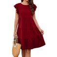 thumbnail image 1 of Femmes Été Volant Manches Mini Robe Couleur Unie Décontractée Swing Fluide une Ligne Plissé Plage Robe de Soleil, 1 of 7