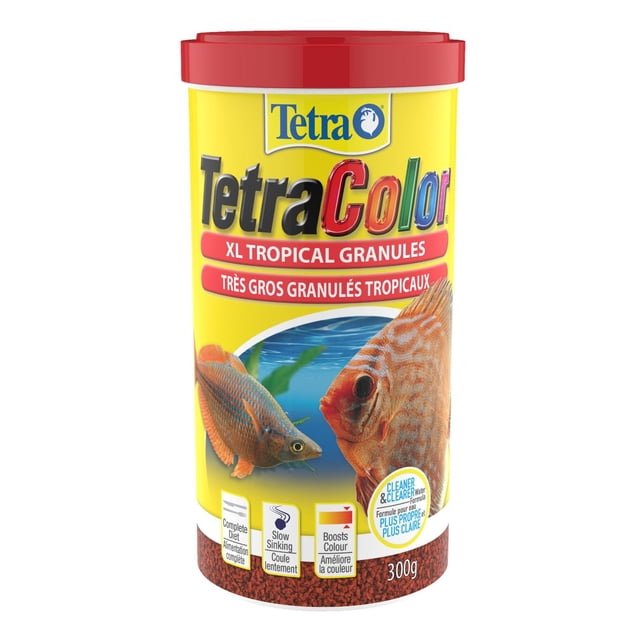 TetraColor Tropical XL Color Granules fish food container with a red lid and yellow label featuring two tropical fish, formulated with slow-sinking granules to boost color and support immune health in large tropical fish, 300g.