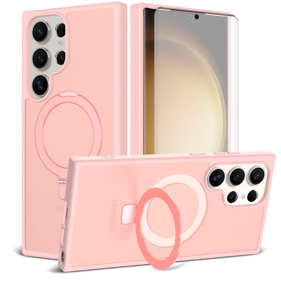 Asuwish Phone Case for Samsung Galaxy S23 Ultra 5G Tempered Glass Screen Protector Magnetic Folding Stand Frosted Translucent Rugged Shockproof Protective Cell Cover S23Ultra 6.8 inch Women Men Pink