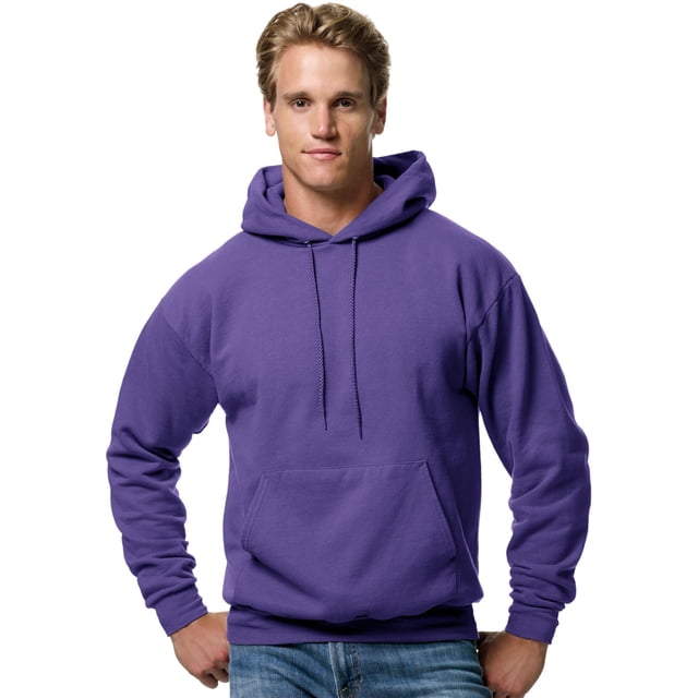Hanes Mens ComfortBlend EcoSmart Pullover Hoodie Sweatshirt in medium size and purple color. This medium-weight 7.8-oz fleece hoodie features a pullover design with a front kangaroo pocket and an adjustable drawstring hood. Ideal for casual wear.