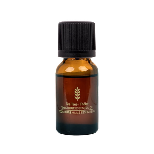ScentSationals 100% Essential Oil - Tea Tree in a 15 mL amber glass bottle with a black child-proof ribbed cap, labeled with a green leaf icon and bilingual text. Known for its woodsy herbal aroma, it is ideal for aromatherapy, stress reduction, and enhancing home or work environments when used with diffusers.