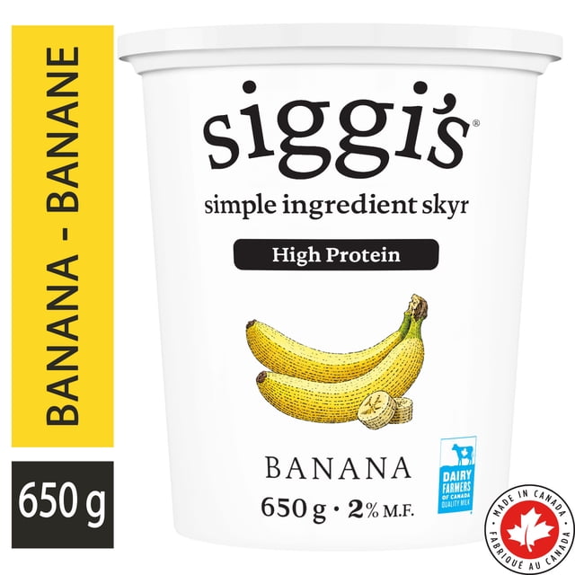 siggi's Banana Skyr Yogurt 2% in a 650 g white tub with an illustration of bananas, labeled high protein and made with simple ingredients, produced by Canadian dairy farmers, suitable for a quick nutritious snack or breakfast.