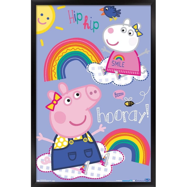 Peppa Pig - Hooray Wall Poster, 22.375" x 34" featuring Peppa Pig and a friend sitting on clouds with rainbows, a smiling sun, a blue bird, and a buzzing bee on a light purple background, designed as colorful wall art ideal for kids room decor and party decoration.