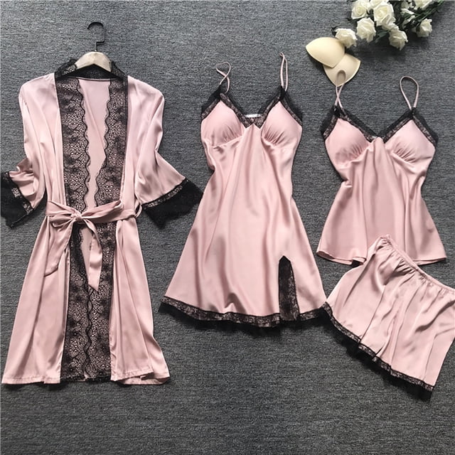 LSLJS Lingerie Femmes Robe en Soie et Dentelle Robe de Nuit Tenue de Sommeil Nuisette Ensemble de Pyjama, Peignoirs Cadeaux pour Femmes