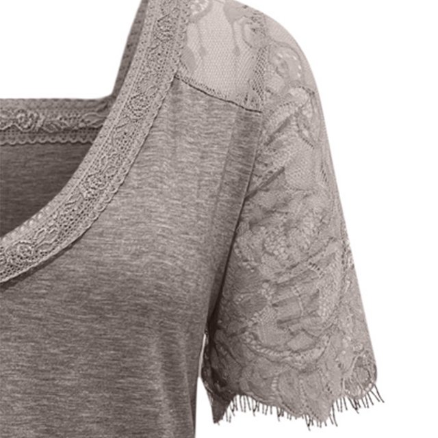 Mode Femmes T-shirt à Manches Courtes en Dentelle à Plumes Col en V