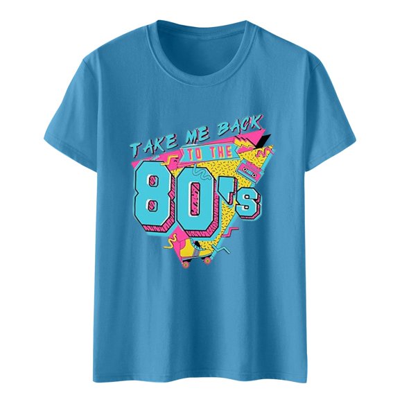 Xuewenshw Women's Summer Fashion Leisure Art 80s Letter Printed Round Neck Short Sleeve Top T Shirt Women Solid Shirt