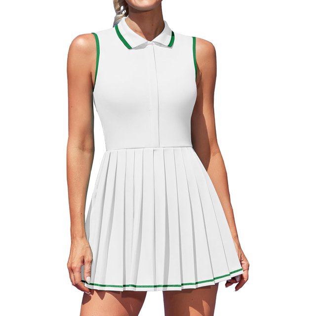 ATTRACO Robe de Tennis pour Femmes, Robe Polo Côtelée de Golf à Demi-Glissière, Robe d'Entraînement Plissée avec Short et Soutien-Gorge Intégrés
