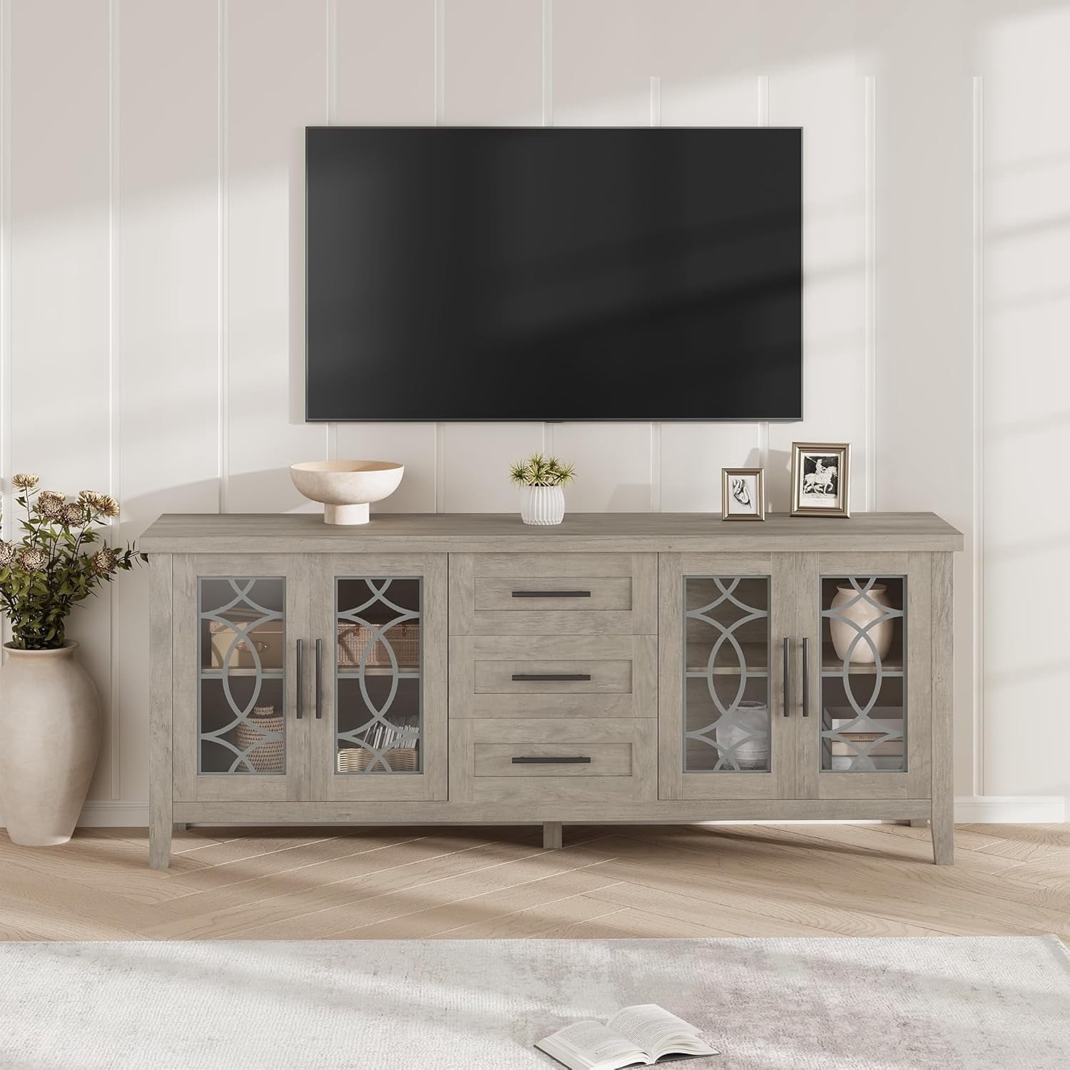 Farmhouse TV Stand with Glass Door for 70 Inch TV, Mid Century Modern Entertainment Centre for Living Room, Rustic Television Stands 2 Storage Door & 3 Drawer for Bedroom (Classic Grey)