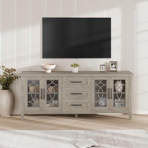 Ferme TV Porte en verre pour 70 1 cm TV, Mid Century Modern Entertainment Centre for Living Room, Supports de télévision rustique 2 Porte de stockage & 3 Tiroir pour chambre (Gris classique)