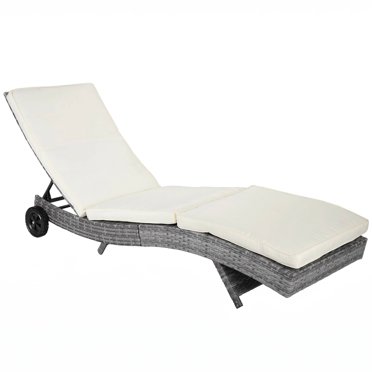 Outsunny Wicker Chaise Lounge with Cushion Wheels for Patio, Deck, Cream
