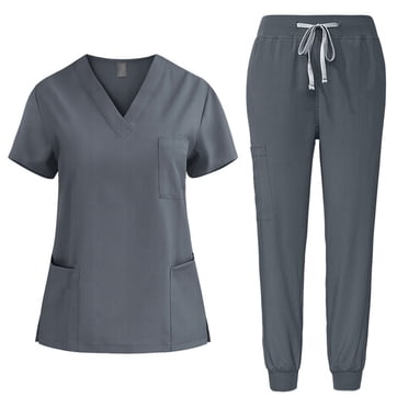 Amzcrzy Sarraus pour Femmes Ensemble Col en V Manches Courtes Hauts de Sarrau Pantalons Jogger Ensembles de Sarraus pour Femme Décontracté Extensible Couleur Unie Ensembles de Sarraus avec Poches