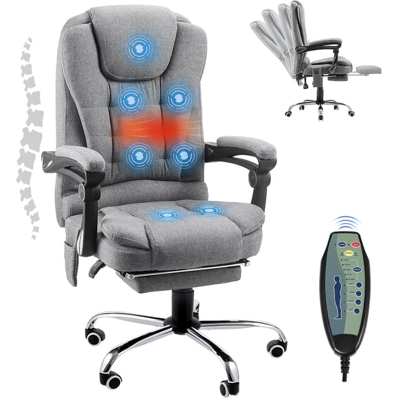 AECOJOY Fauteuil de Bureau Ergonomique avec Fonction Massage Chauffante, Dossier Haut, en Lin avec Repose-Pieds, Gris