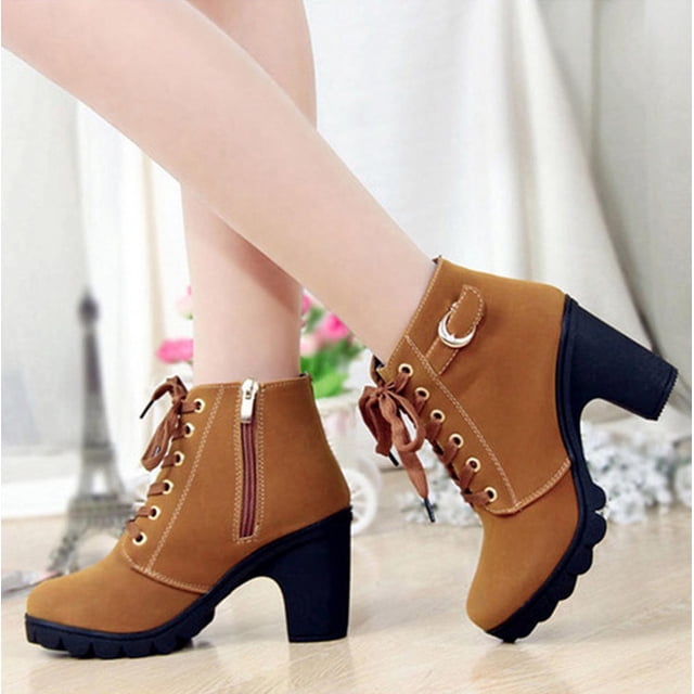 EGNMCR Bottines pour Femmes Femmes Rétro Talon Épais Chaussures à Talons Hauts Grande Taille à Lacets