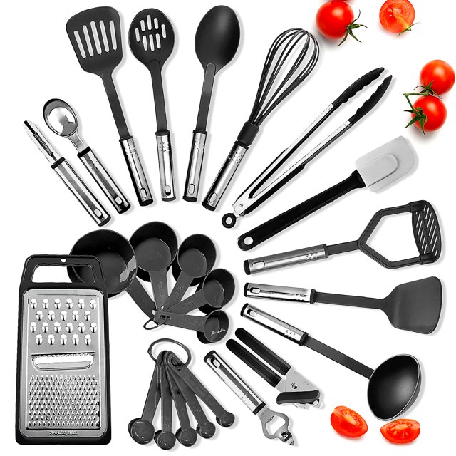 JoyTable Ensemble d'Ustensiles de Cuisine 24 Pcs en Nylon et Acier Inoxydable, Ustensiles de Cuisson Antiadhésifs et Résistants à la Chaleur, Outils de Cuisine - Rouge