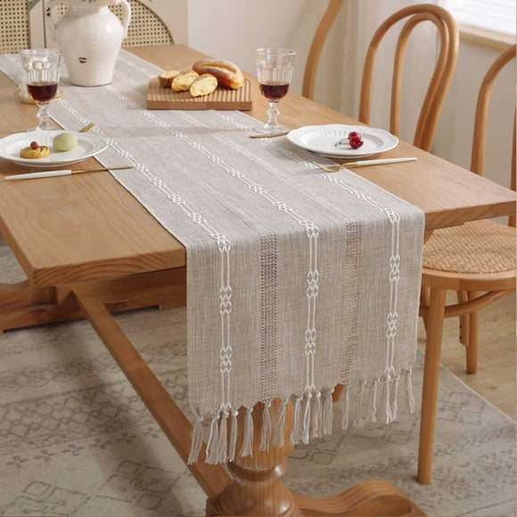 Dvkptbk Chemin de Table Boho Chemin de Table Rustique en Lin Macramé avec Pompons Chemin de Table Tissé pour Décoration de Table Bohème pour Salle à Manger et Chambre Décoration de Table Chemin de Table Déco Maison