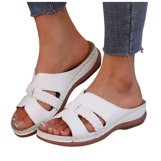 Womens Orthopedic Slides Sandals Comfortable Leather Peep Toe Walking Slip on Summer Shoes with Arch Support