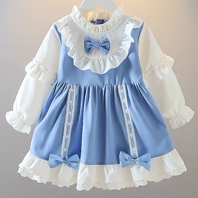 RXIRUCGD Robe Mignonne pour Fille en Dentelle Patchwork avec Nœud Loli à Manches Longues et Col Rond ( Bleu, Taille : 2-3 Ans )