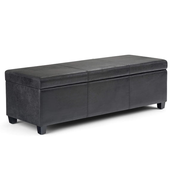 SIMPLIHOME Avalon 48 inch Wide Rectangle Lift Top Storage Ottoman Bench in Upholstered Distressed Black Faux Leather with Large Storage Space for the Living Room, Entryway, Bedroom, Contemporary