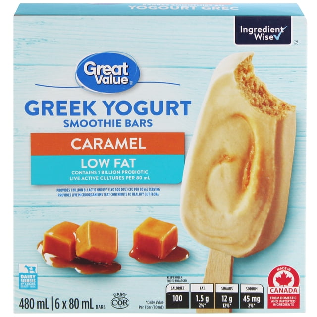 Barres de Smoothie au Yogourt Grec et au Caramel, Ensemble Montrant six Barres Surgelées Faibles en Gras de 80 ml avec Saveur de Caramel et cultures Actives Vivantes Probiotiques, Certifiées par les Producteurs Laitiers du Canada, Faites au Canada avec des Ingrédients Nationaux et Importés, Idéal pour une Collation Surgelée Ou un dessert Pratique.