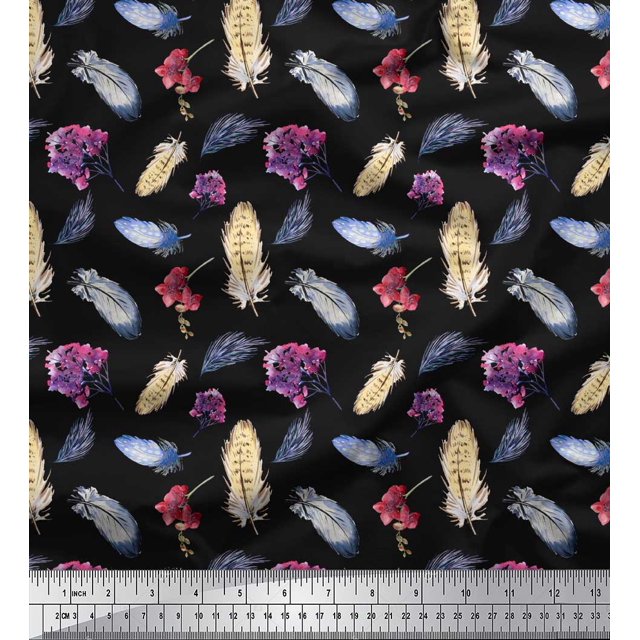 Soimoi Black Modal Satin Fabric Feather & Floral Print Sewing Fabric Yard 42 Inch Wide