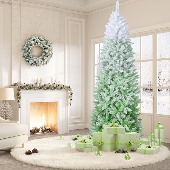 Pencil Christmas Tree Artificial Slim Xmas Trees – Skinny Pink Flocked Christmas Tree Decorations with Pre-Lit Lights