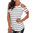 thumbnail image 3 of Women Horizontal Stripe Printed Cold Shoulder Scoop Neck Short Sleeves Shirt, 3 of 4