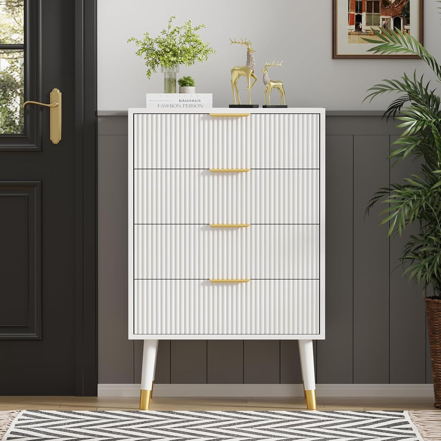 4 Drawer Dresser for Bedroom, Modern Closet Dressers Chest of Drawers, Storage Dresser Chest Cabinet Organizer Unit, Small Fluted Nightstand for Bedroom
