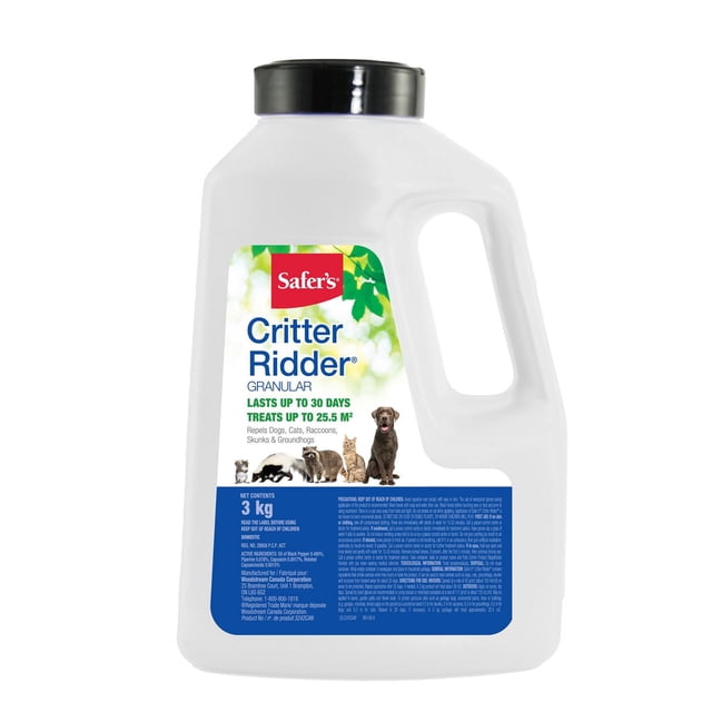 Safer’s Critter Ridder Animal Repellent Granules 3 KG container with black screw cap and white plastic body with handle. The label shows a dog, cat, raccoon, skunk, and groundhog, indicating outdoor pest control use. The granular formula repels animals by smell and taste, lasts up to 30 days, and protects up to 25.5 square meters, ideal for lawns, flowerbeds, and near trashcans.