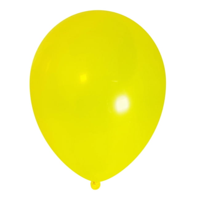 12inch. Yellow Latex Balloons, 15 Pieces, by Way To Celebrate centered group of fifteen inflated 12-inch yellow latex balloons with smooth glossy finish and tied necks, round silhouettes overlapping on a plain white background, for helium or air-filled party decorations; also suitable for table bouquets or balloon garlands.