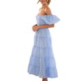 thumbnail image 4 of Faithtur Femmes Été Décontracté une Ligne Robe Courte Puff Manches sur l'Épaule Midi Plaid Robe, 4 of 7