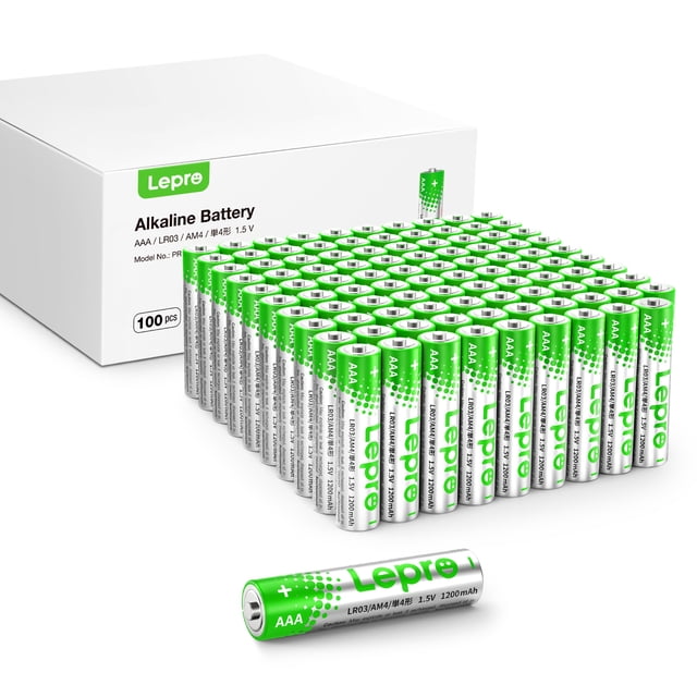Lepro AAA Batteries 100 Count, featuring triple A alkaline batteries with ultra long-lasting power. Each battery is 1.5 volts with a 1200mAh capacity, designed to hold power for up to 5 years. The batteries are leak-proof and corrosion-resistant, making them ideal for everyday devices. The image shows a neatly arranged set of 100 batteries with green and white branding, alongside the packaging box labeled 'Lepro Alkaline Battery.'