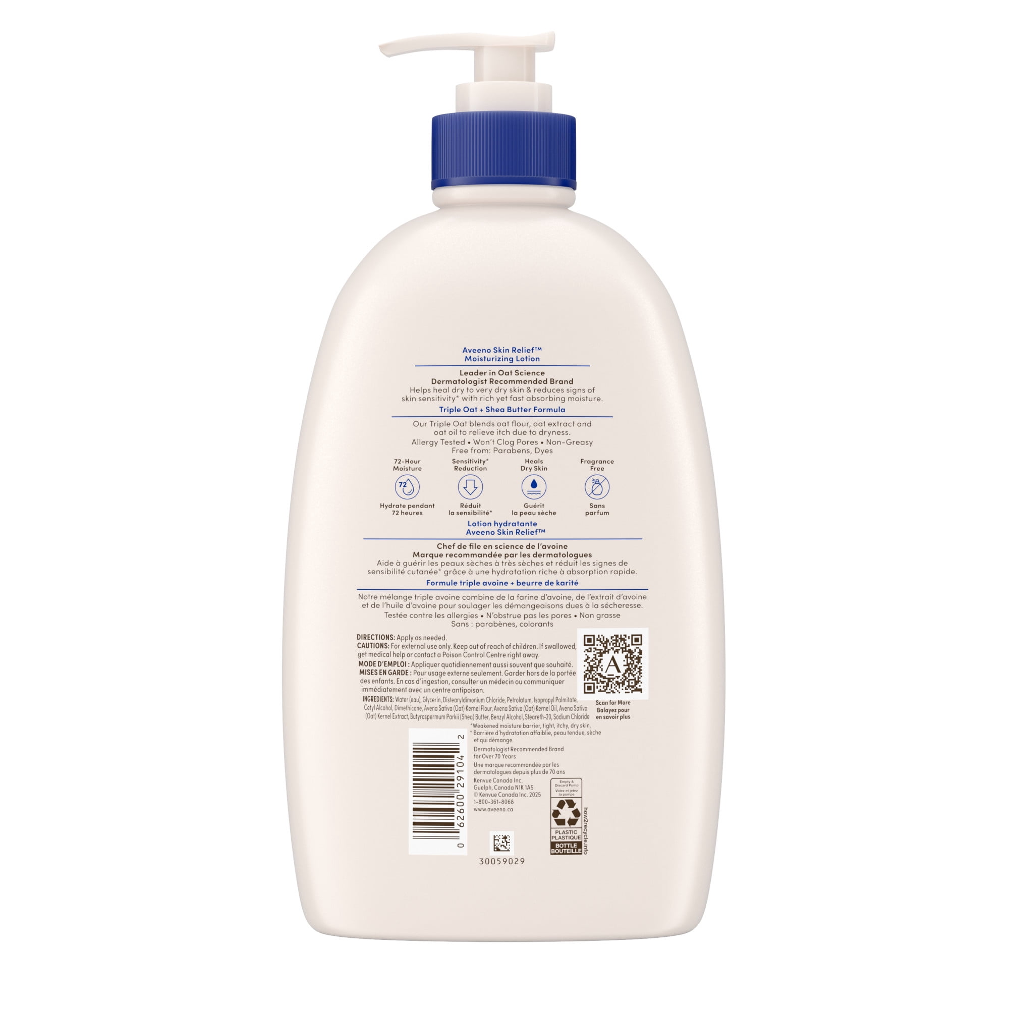 Aveeno Skin Relief Moisturizing Lotion, Beurre de Karité, Avoine, Diméthicone, Hydratant Corporel pour Peau Sèche, Sans Parfum