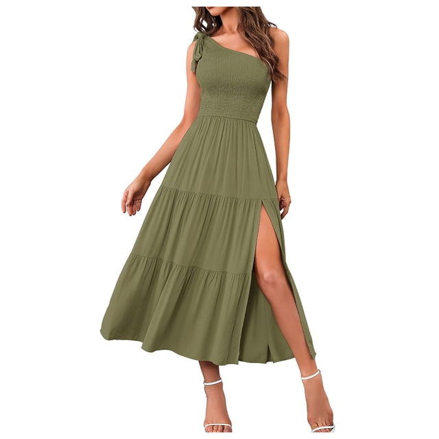 Kcodviy Robe Midi Décontractée d'Été 2025 pour Femme, une Épaule, Sans Manches, Smockée, Robes Extensibles pour Femme, Taille Élastique, Robe Midi à Étages pour Femme, Robe d'Été