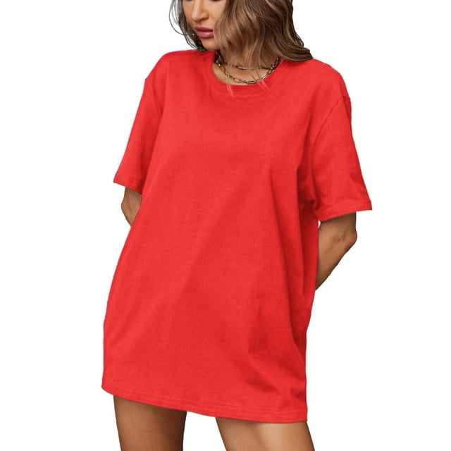 Plebaso T-Shirts en Coton pour Femmes à Manches Courtes, Col Rond, T-Shirts Basiques, Hauts Décontractés, Couleur Unie, Coupe Ample