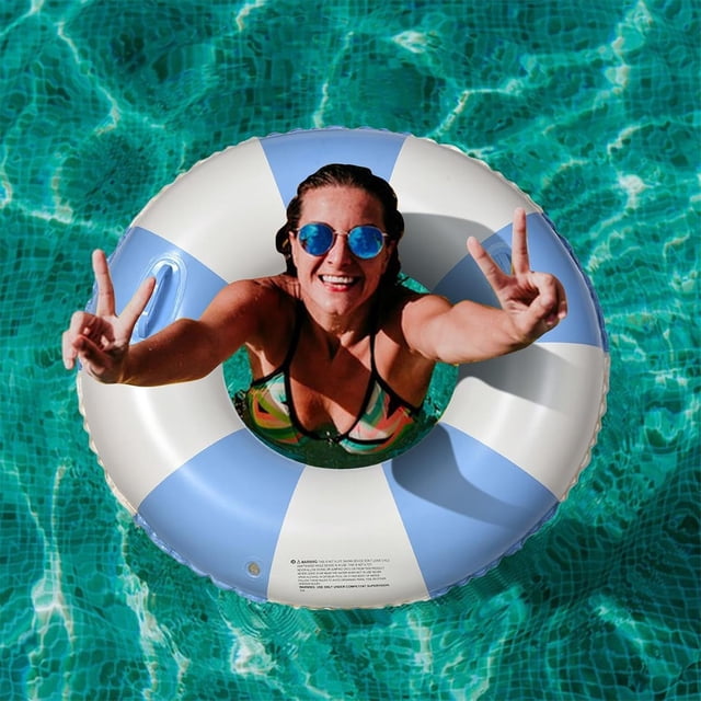 HUASHENG Large Swim Ring With Handles For Kids Adults 35 Inch Classic Striped Pool Inner Tubes Inflatable Pool Floats Float Pool Floaties Adult Size For Summer Pool Beach Blue