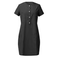 thumbnail image 4 of Robes à Manches Courtes pour Femmes Col Rond Faux Lin Uni Midi Longueur Genou Automne Été Robes Boutonnées 2025 Vêtements Mode Concert Country, 4 of 4