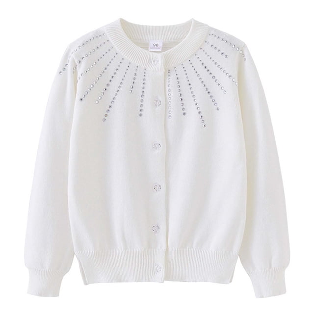 RXIRUCGD Girls Rhinestone Knitted Cotton Cardigan Jacket( White, Size:2 Years )