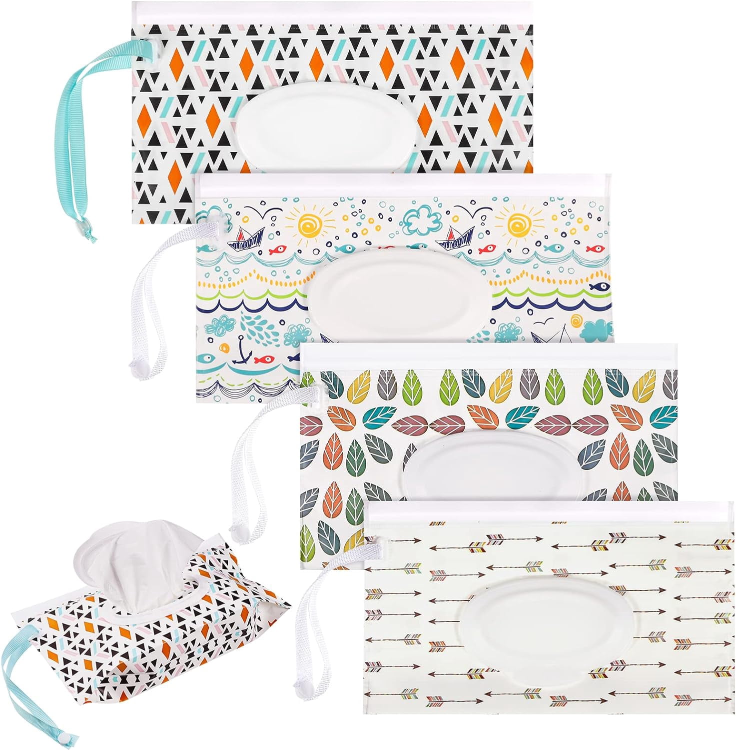 Lot de 4 Sachets de Lingettes Humides Très Grands 10 x 6 Étui de Lingettes pour Bébé Réutilisable Distributeur de Lingettes Rechargeable Contenant de Voyage Sac de Lingettes pour Bébé et Adulte (Coloré)