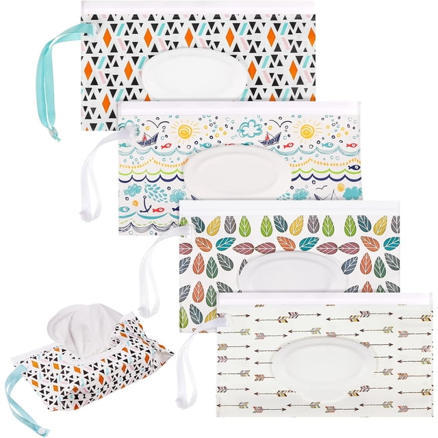 Lot de 4 Sachets de Lingettes Humides Très Grands 10 x 6 Étui de Lingettes pour Bébé Réutilisable Distributeur de Lingettes Rechargeable Contenant de Voyage Sac de Lingettes pour Bébé et Adulte (Coloré)
