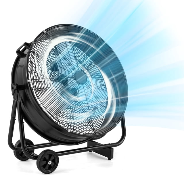 Gymax Ventilateur Tambour Industriel de 24 Pouces avec Inclinaison Réglable à 360 Degrés et 2 Roues pour Entrepôt