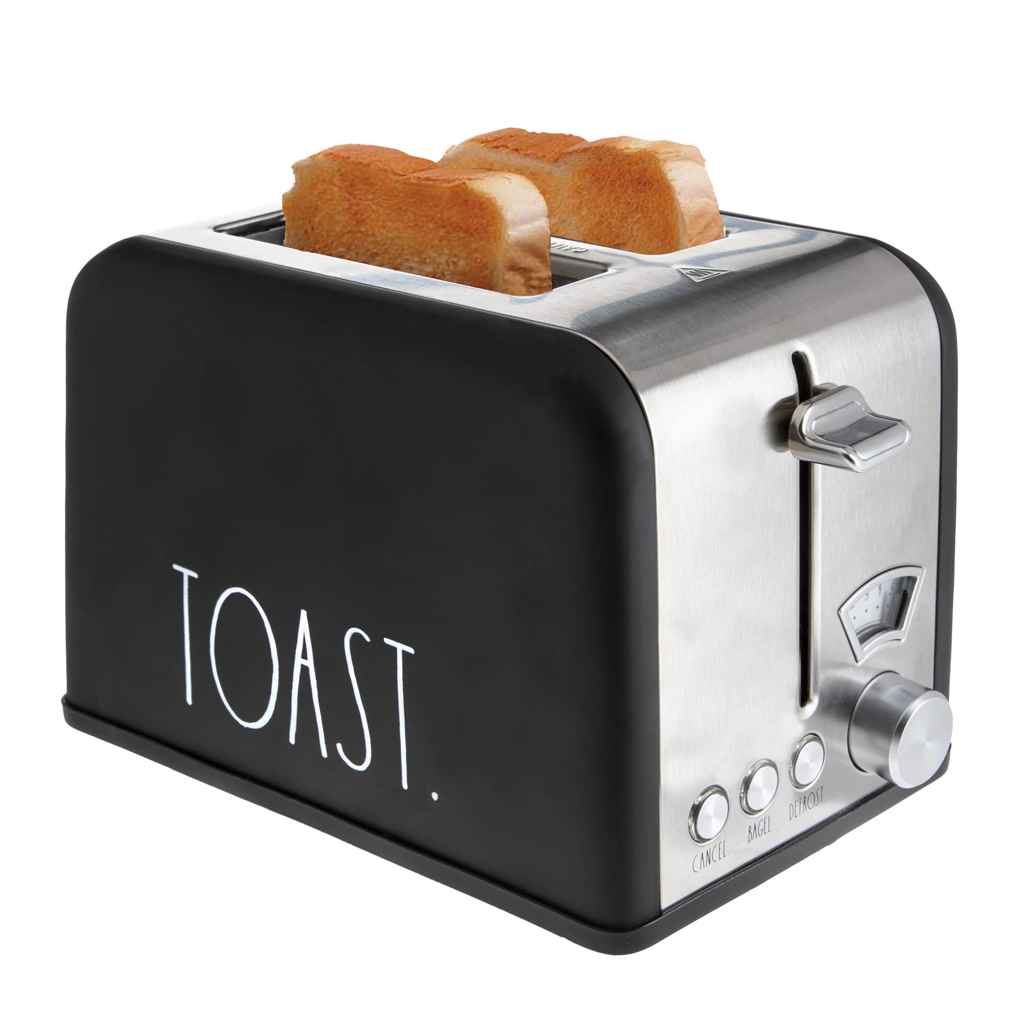 Rae Dunn Toaster, Stainless Steel 2 Slice Square Toaster, Wide Slot with 5 Browning Levels, with Bagel, Defrost and Cancel Options (Black)